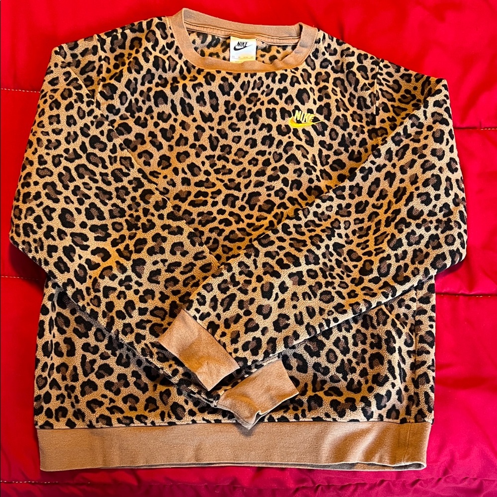 Nike Leopard Print Crewneck Fleece Sweater - Brown